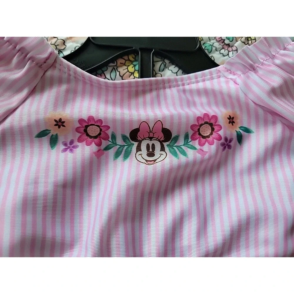 Minnie Mouse Two Piece Swim Suit Size 2t Pink Striped UPF Floral New NWT Bikini